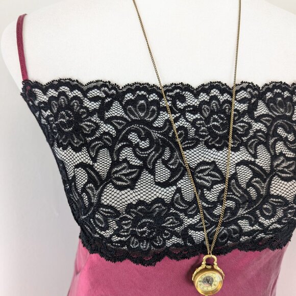 VTG 00s Y2K Christine Wine Red Silk Black Floral Lace Babydoll Slip Cami Top - Picture 4 of 8